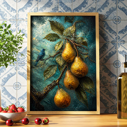 Bluebird and Golden Pears, blue, green, gold nature wall art displayed in a styled interior, gallery view 6