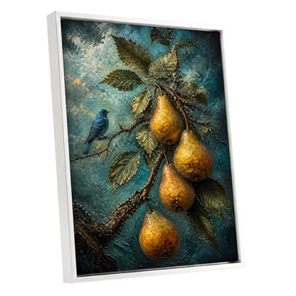 Bluebird and Golden Pears, blue, green, gold nature wall art shown as a white framed canvas wall art