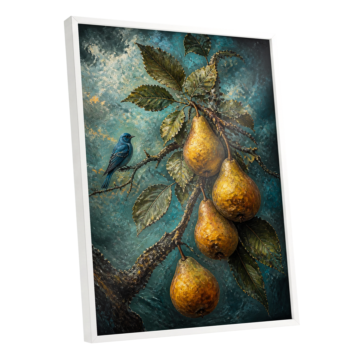 Bluebird and Golden Pears, blue, green, gold nature wall art shown as a white framed poster wall art print