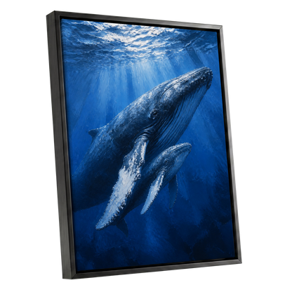 Bluewater Giants, blue, white, gray nature wall art shown as a black framed canvas wall art