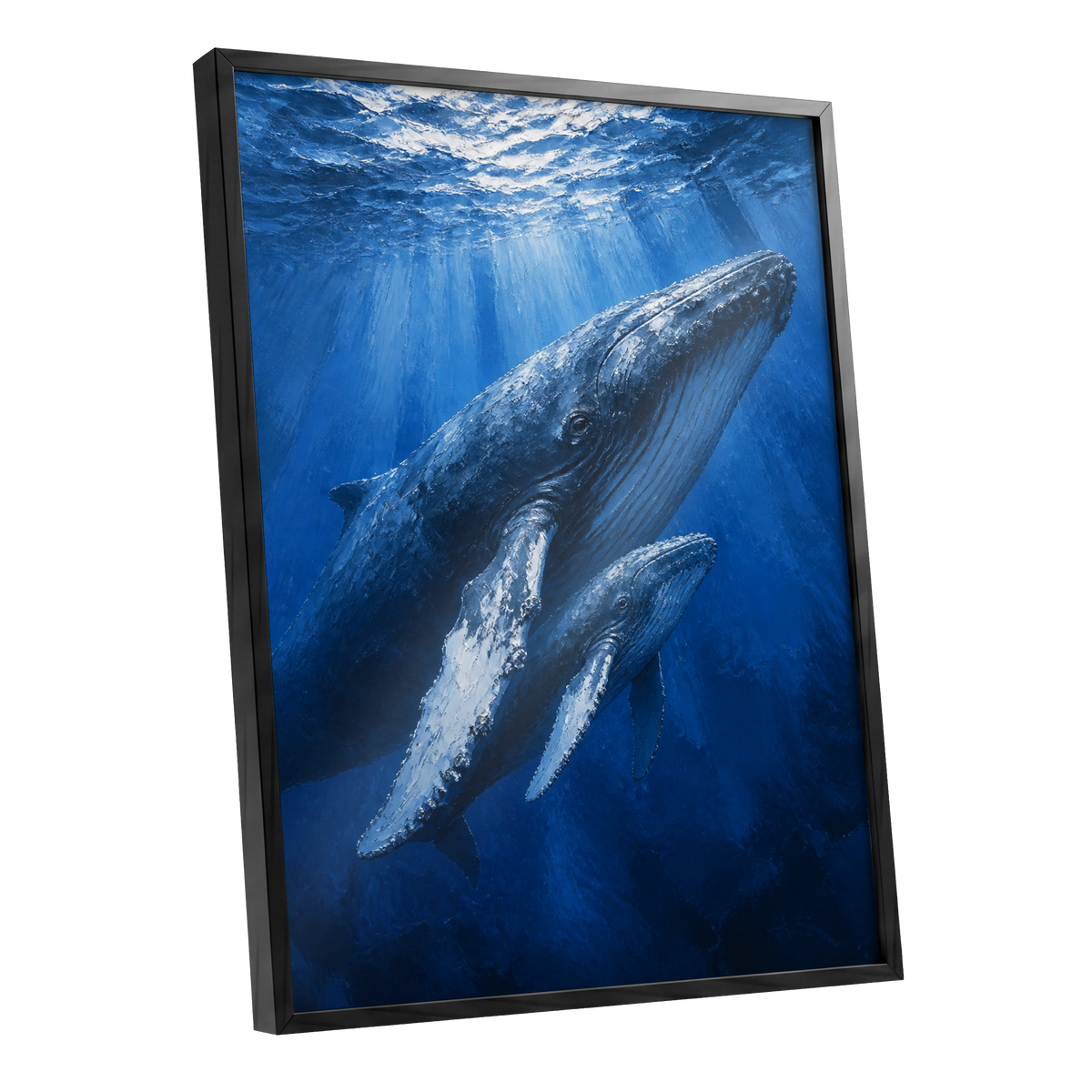 Bluewater Giants, blue, white, gray nature wall art shown as a black framed poster wall art print