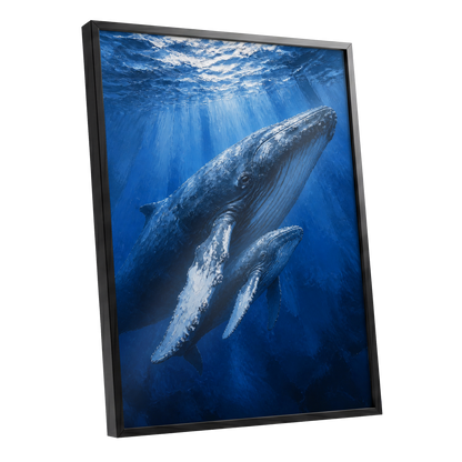 Bluewater Giants, blue, white, gray nature wall art shown as a black framed poster wall art print