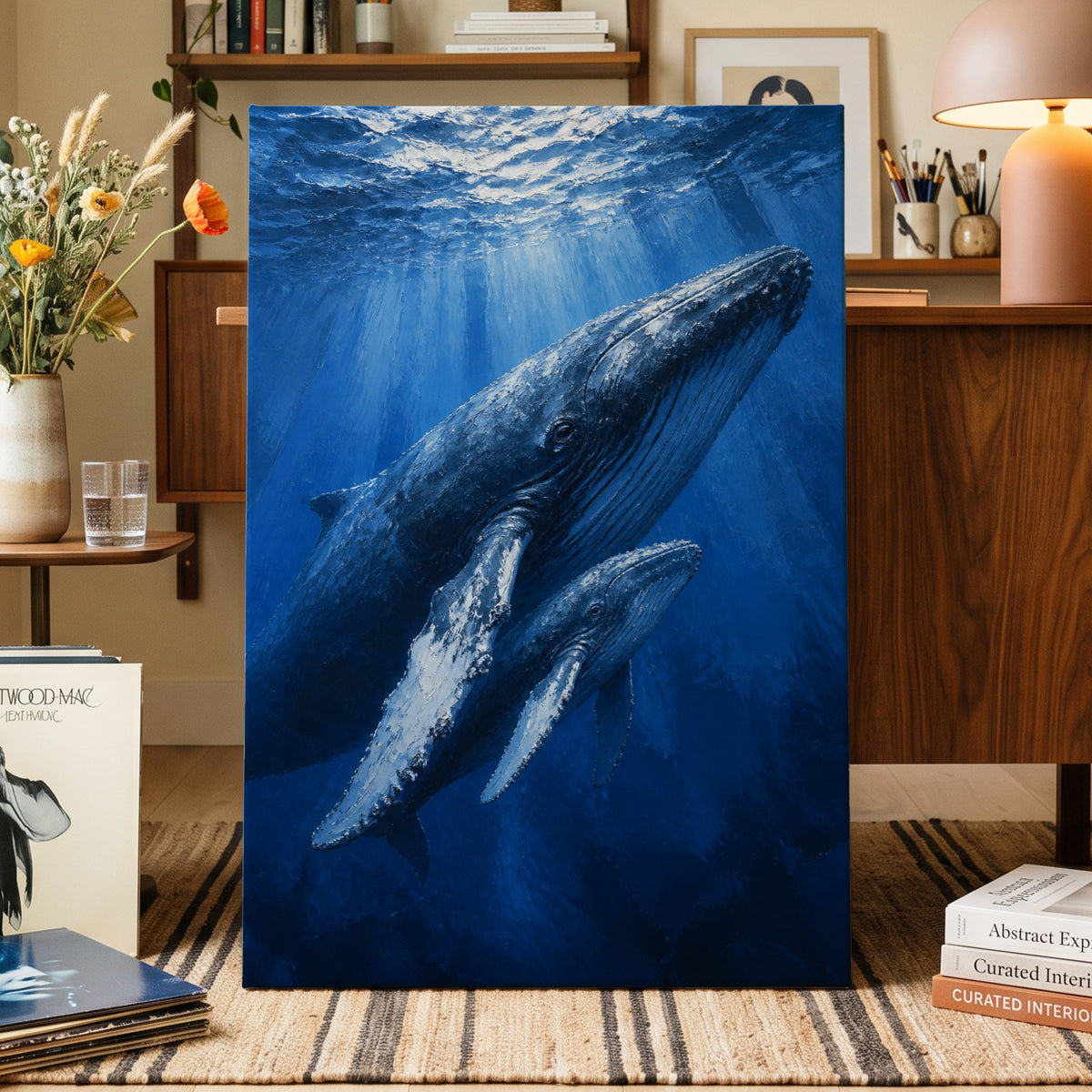 Bluewater Giants, blue, white, gray nature wall art on canvas displayed in a styled interior, gallery view 1