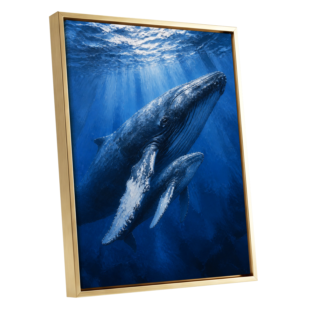 Bluewater Giants, blue, white, gray nature wall art shown as a gold framed canvas wall art