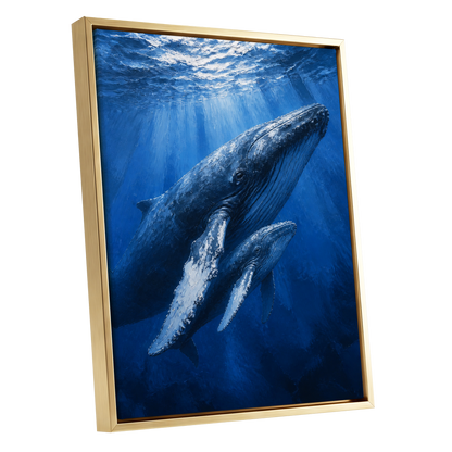 Bluewater Giants, blue, white, gray nature wall art shown as a gold framed canvas wall art