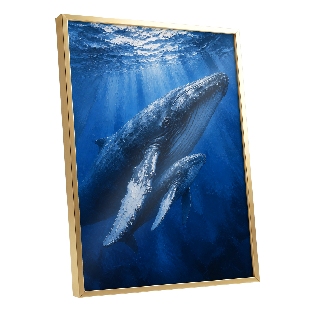 Bluewater Giants, blue, white, gray nature wall art shown as a gold framed poster wall art print