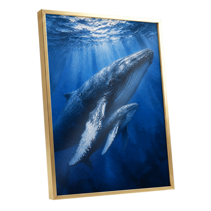 Bluewater Giants, blue, white, gray nature wall art shown as a gold framed poster wall art print