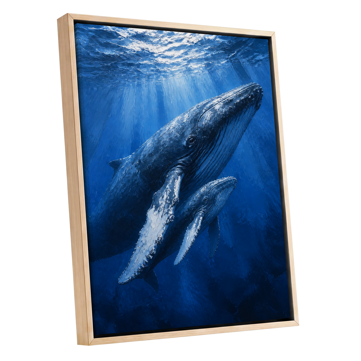 Bluewater Giants, blue, white, gray nature wall art shown as a oak framed canvas wall art