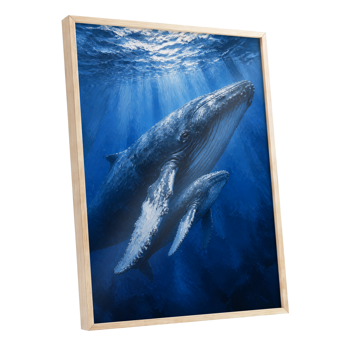 Bluewater Giants, blue, white, gray nature wall art shown as a oak framed poster wall art print