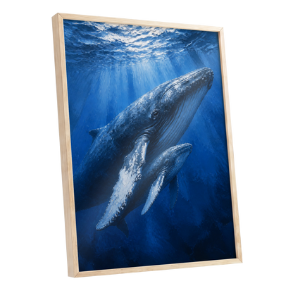 Bluewater Giants, blue, white, gray nature wall art shown as a oak framed poster wall art print