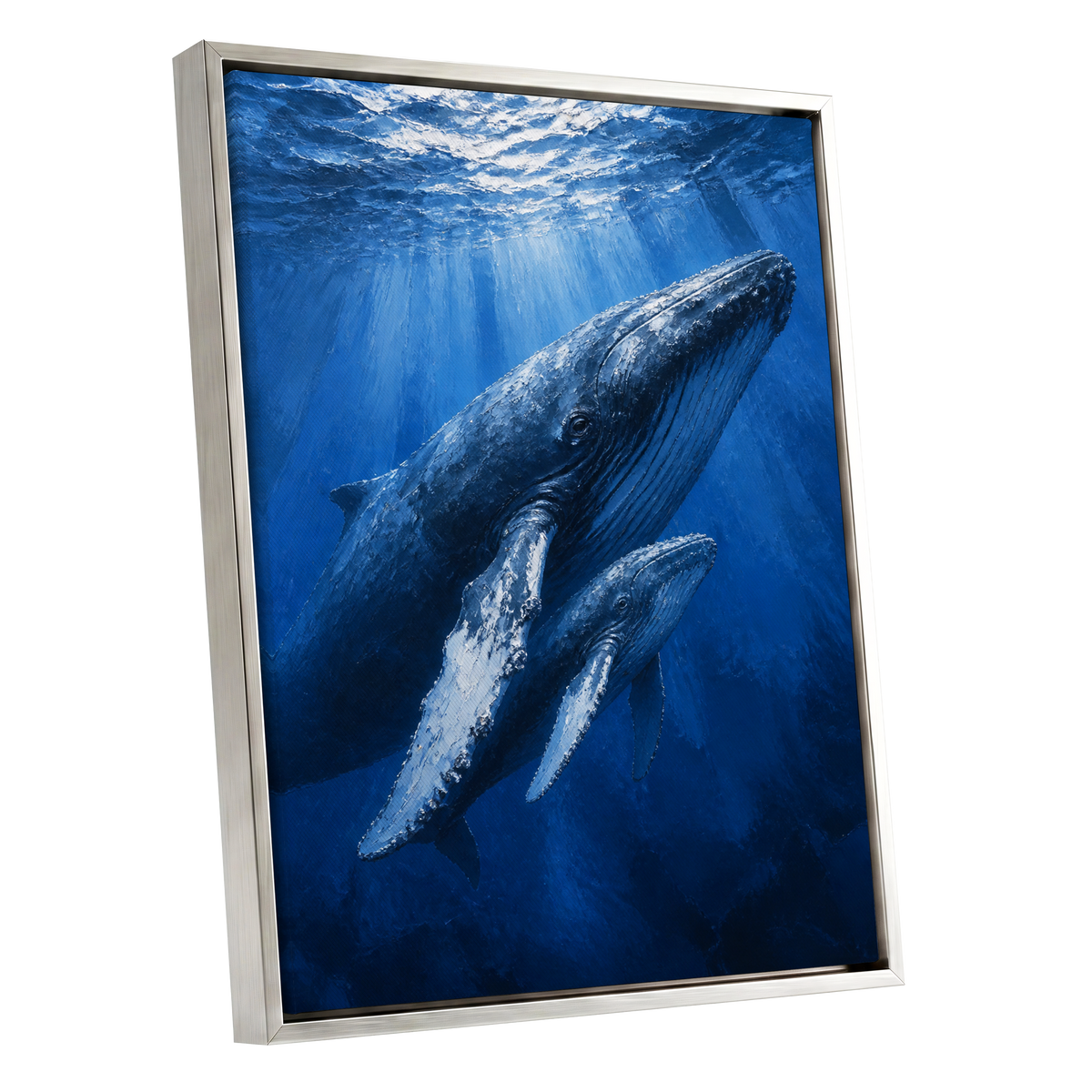 Bluewater Giants, blue, white, gray nature wall art shown as a silver framed canvas wall art