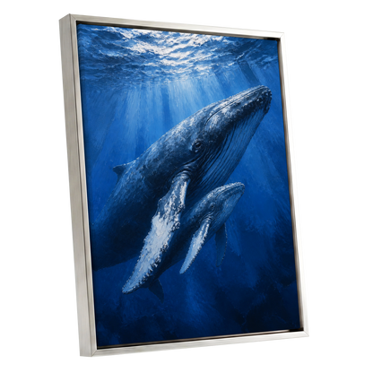 Bluewater Giants, blue, white, gray nature wall art shown as a silver framed canvas wall art