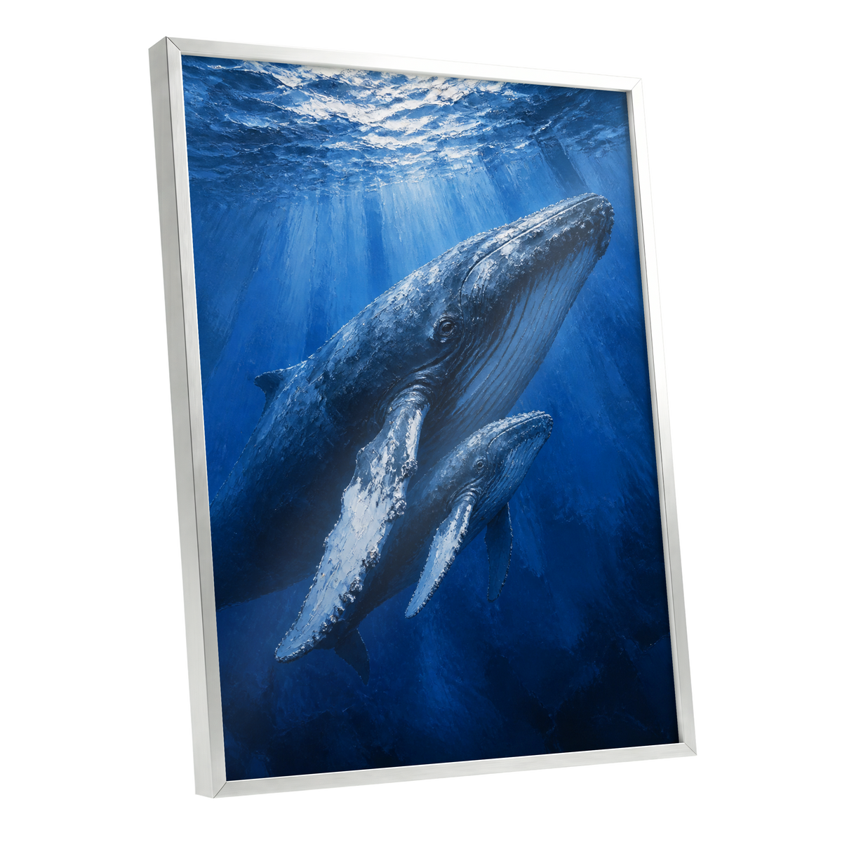 Bluewater Giants, blue, white, gray nature wall art shown as a silver framed poster wall art print
