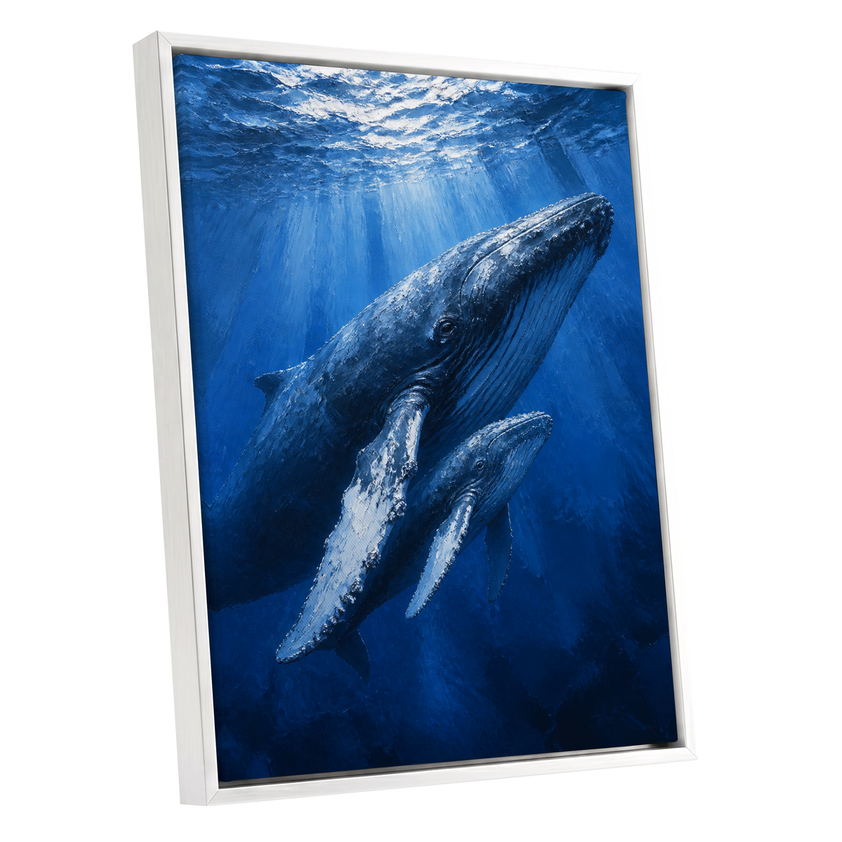 Bluewater Giants, blue, white, gray nature wall art shown as a white framed canvas wall art