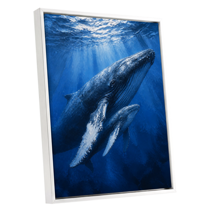 Bluewater Giants, blue, white, gray nature wall art shown as a white framed canvas wall art