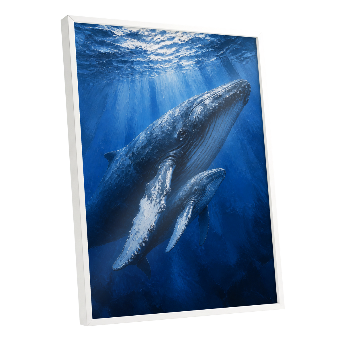 Bluewater Giants, blue, white, gray nature wall art shown as a white framed poster wall art print