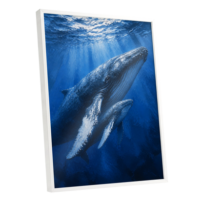 Bluewater Giants, blue, white, gray nature wall art shown as a white framed poster wall art print
