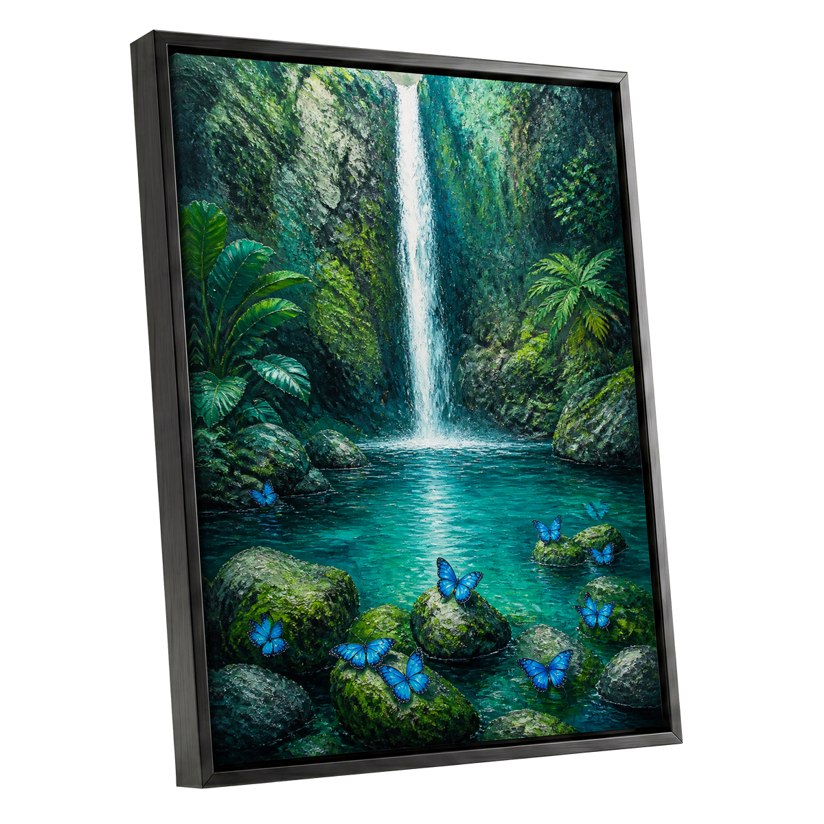 Bluewing Cascade, green, blue, white nature wall art shown as a black framed canvas wall art