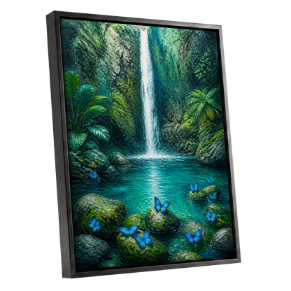 Bluewing Cascade, green, blue, white nature wall art shown as a black framed canvas wall art