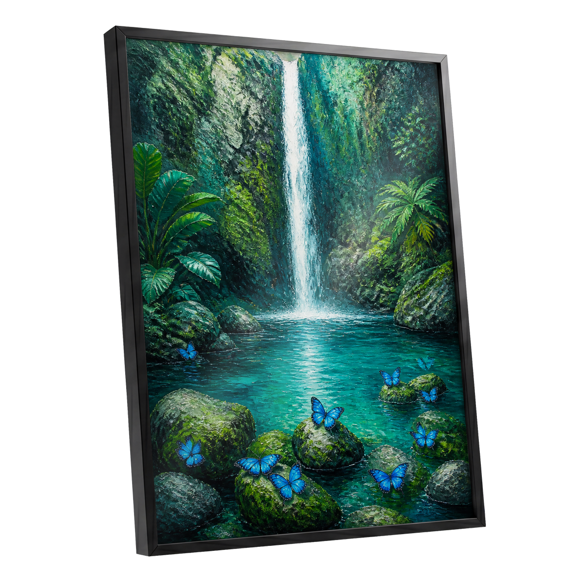 Bluewing Cascade, green, blue, white nature wall art shown as a black framed poster wall art print