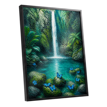 Bluewing Cascade, green, blue, white nature wall art shown as a black framed poster wall art print