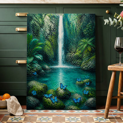 Bluewing Cascade, green, blue, white nature wall art on canvas displayed in a styled interior, gallery view 1