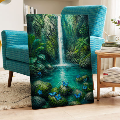 Bluewing Cascade, green, blue, white nature wall art on canvas displayed in a styled interior, gallery view 2