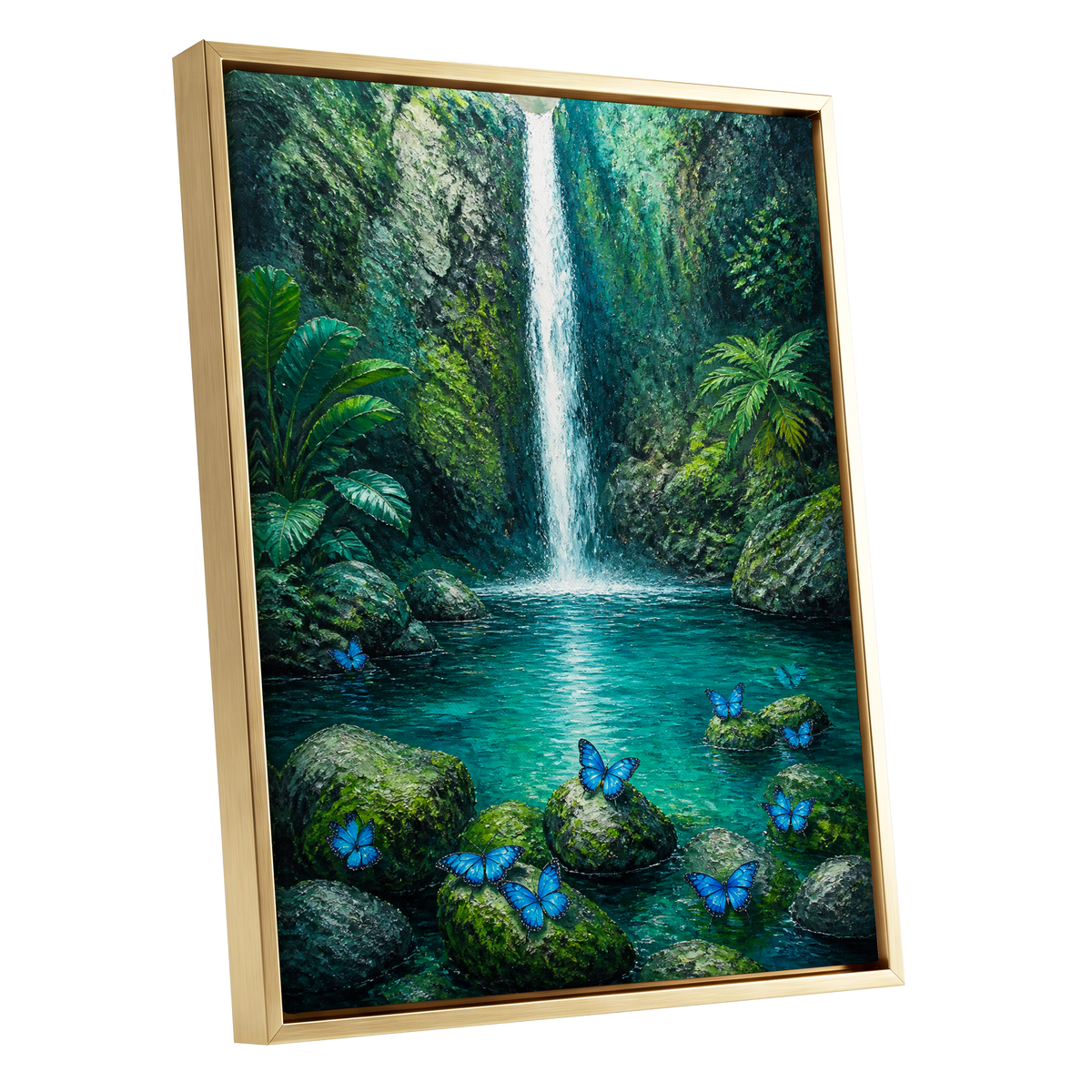 Bluewing Cascade, green, blue, white nature wall art shown as a gold framed canvas wall art
