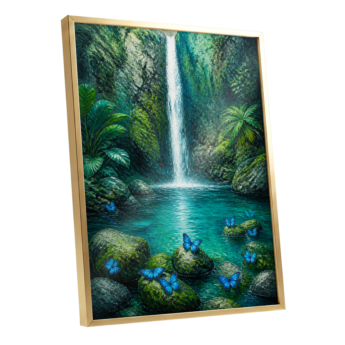 Bluewing Cascade, green, blue, white nature wall art shown as a gold framed poster wall art print