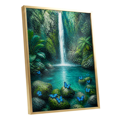 Bluewing Cascade, green, blue, white nature wall art shown as a gold framed poster wall art print