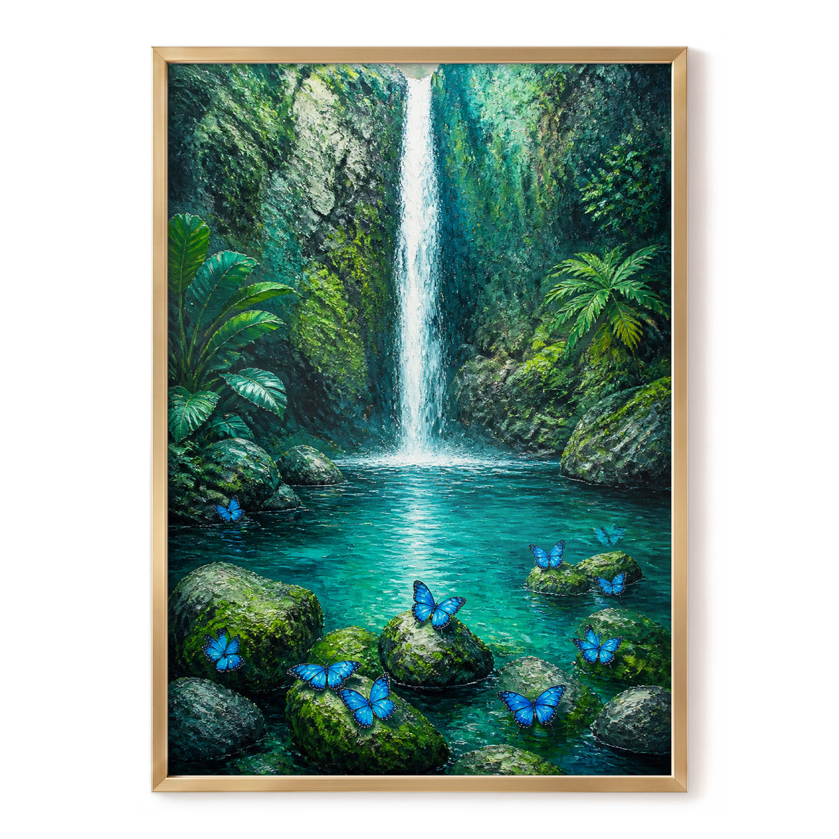Bluewing Cascade, green, blue, white nature wall art, front artwork view