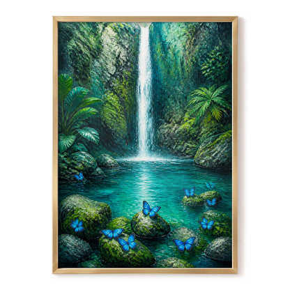 Bluewing Cascade, green, blue, white nature wall art, front artwork view
