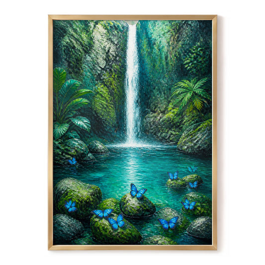 Bluewing Cascade, green, blue, white nature wall art, front artwork view