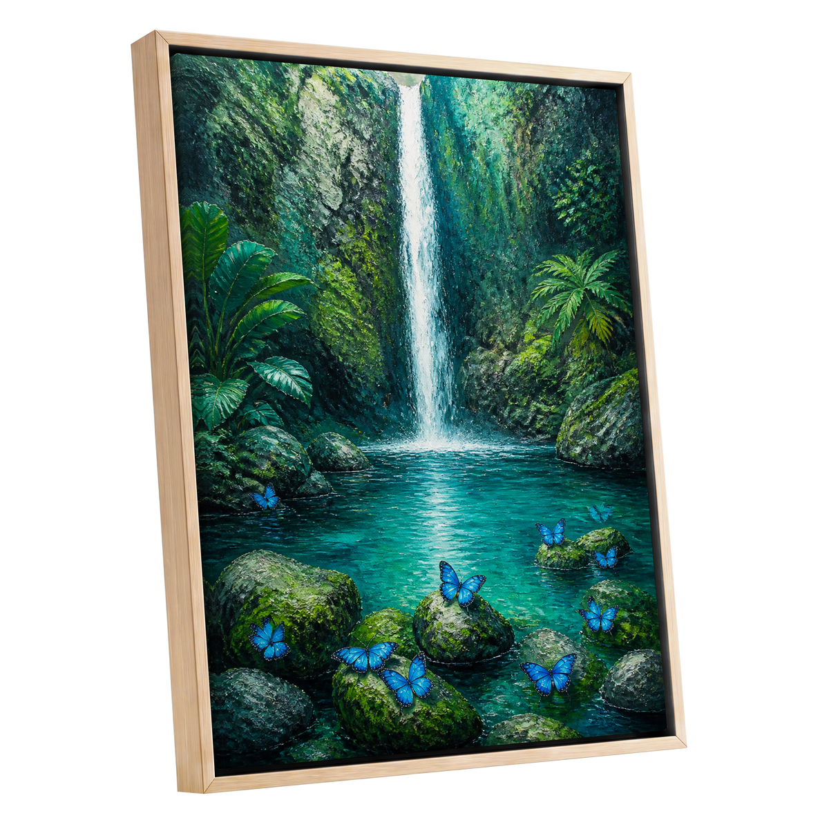 Bluewing Cascade, green, blue, white nature wall art shown as a oak framed canvas wall art