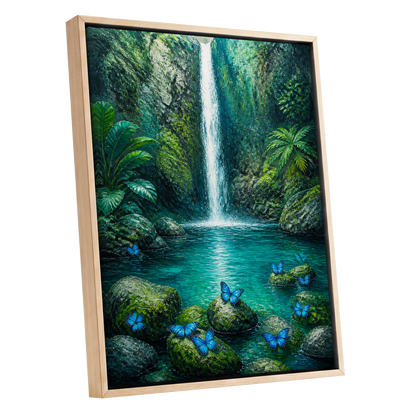 Bluewing Cascade, green, blue, white nature wall art shown as a oak framed canvas wall art