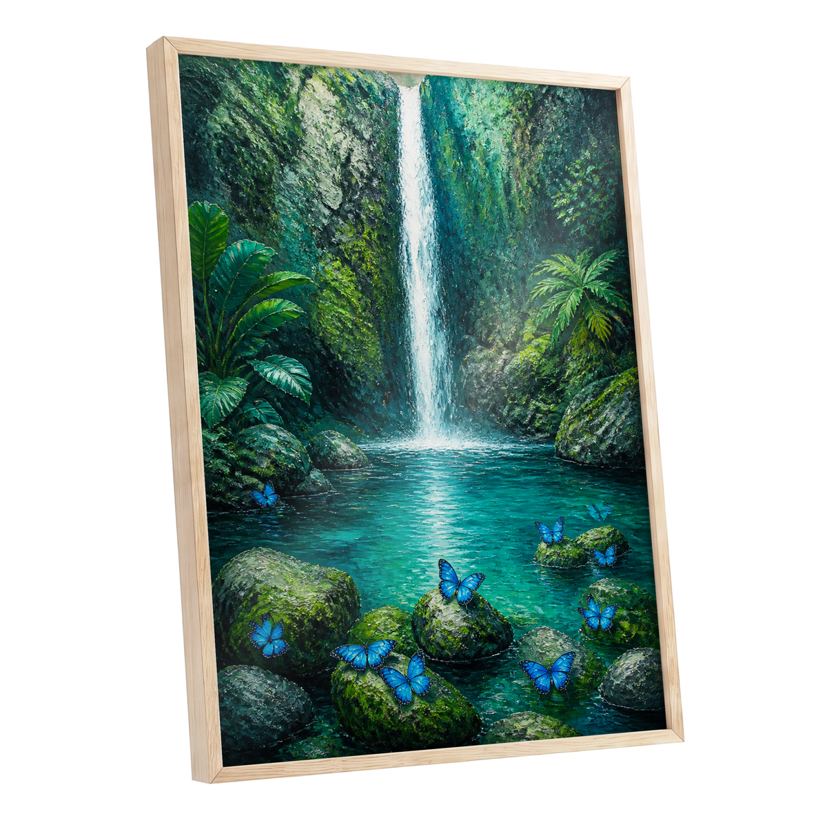 Bluewing Cascade, green, blue, white nature wall art shown as a oak framed poster wall art print