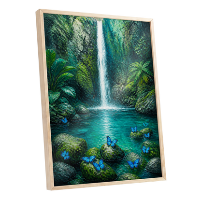 Bluewing Cascade, green, blue, white nature wall art shown as a oak framed poster wall art print