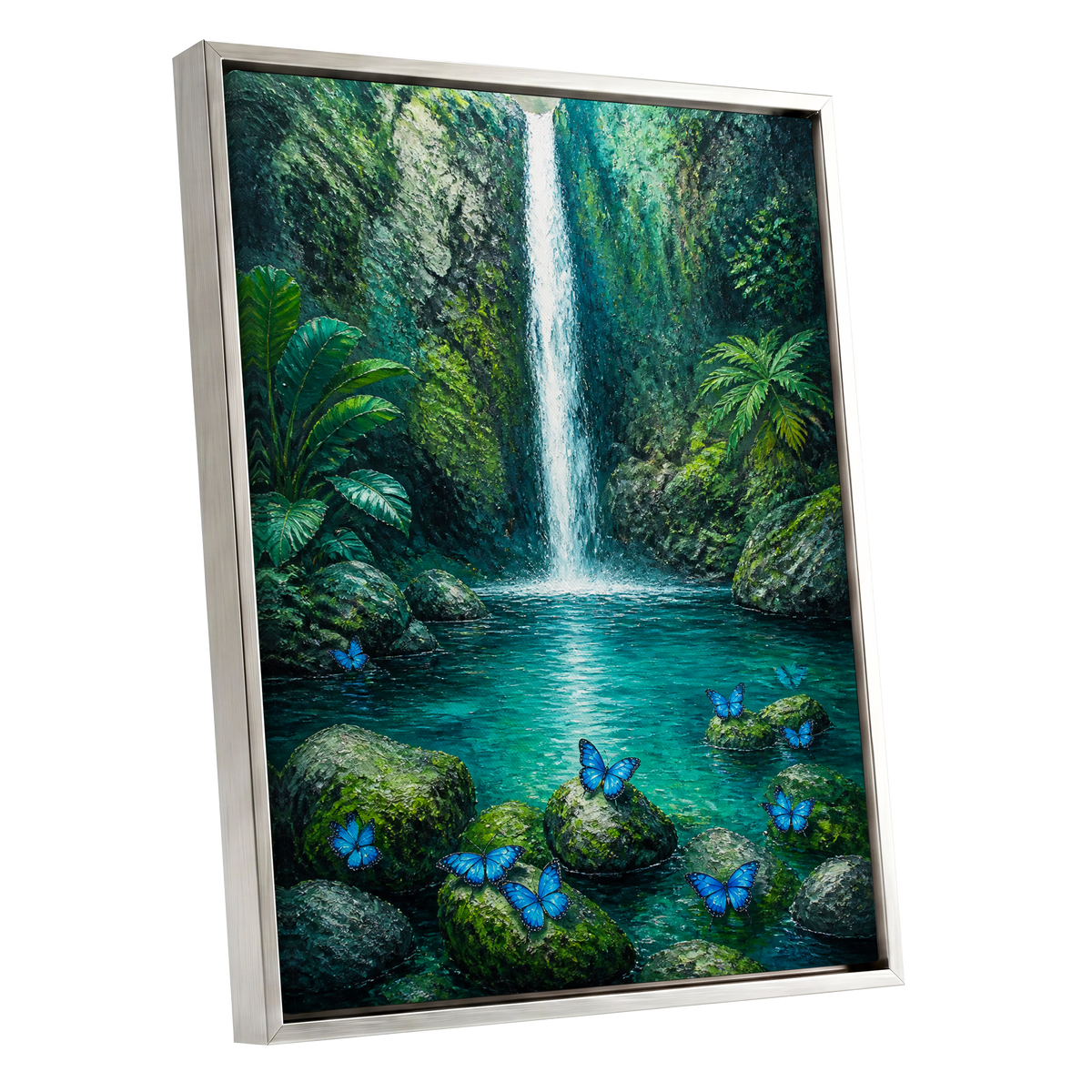 Bluewing Cascade, green, blue, white nature wall art shown as a silver framed canvas wall art