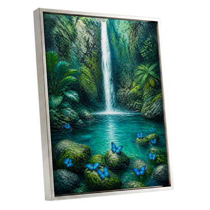 Bluewing Cascade, green, blue, white nature wall art shown as a silver framed canvas wall art