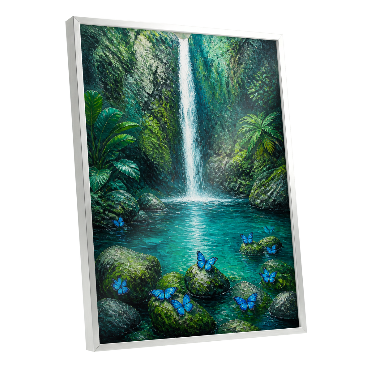 Bluewing Cascade, green, blue, white nature wall art shown as a silver framed poster wall art print