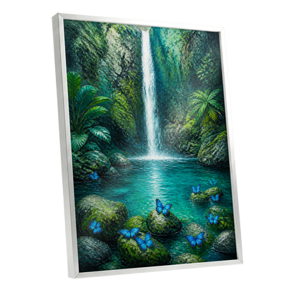 Bluewing Cascade, green, blue, white nature wall art shown as a silver framed poster wall art print