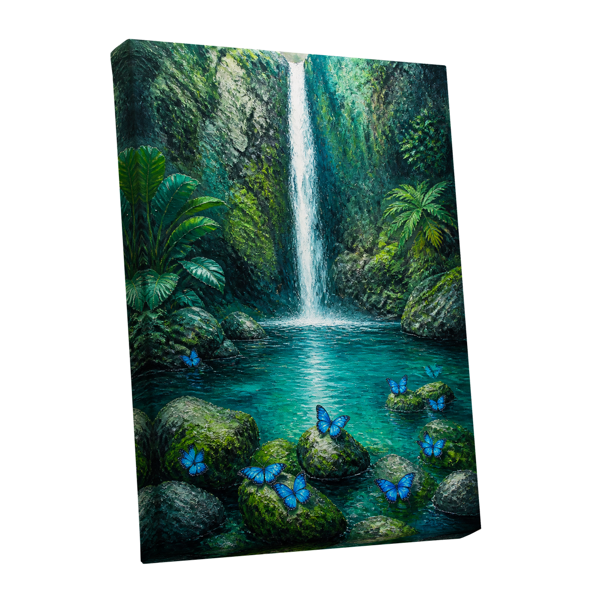 Bluewing Cascade, green, blue, white nature wall art shown as a stretched canvas wall art