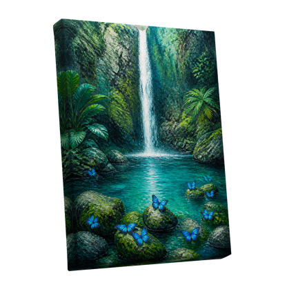 Bluewing Cascade, green, blue, white nature wall art shown as a stretched canvas wall art