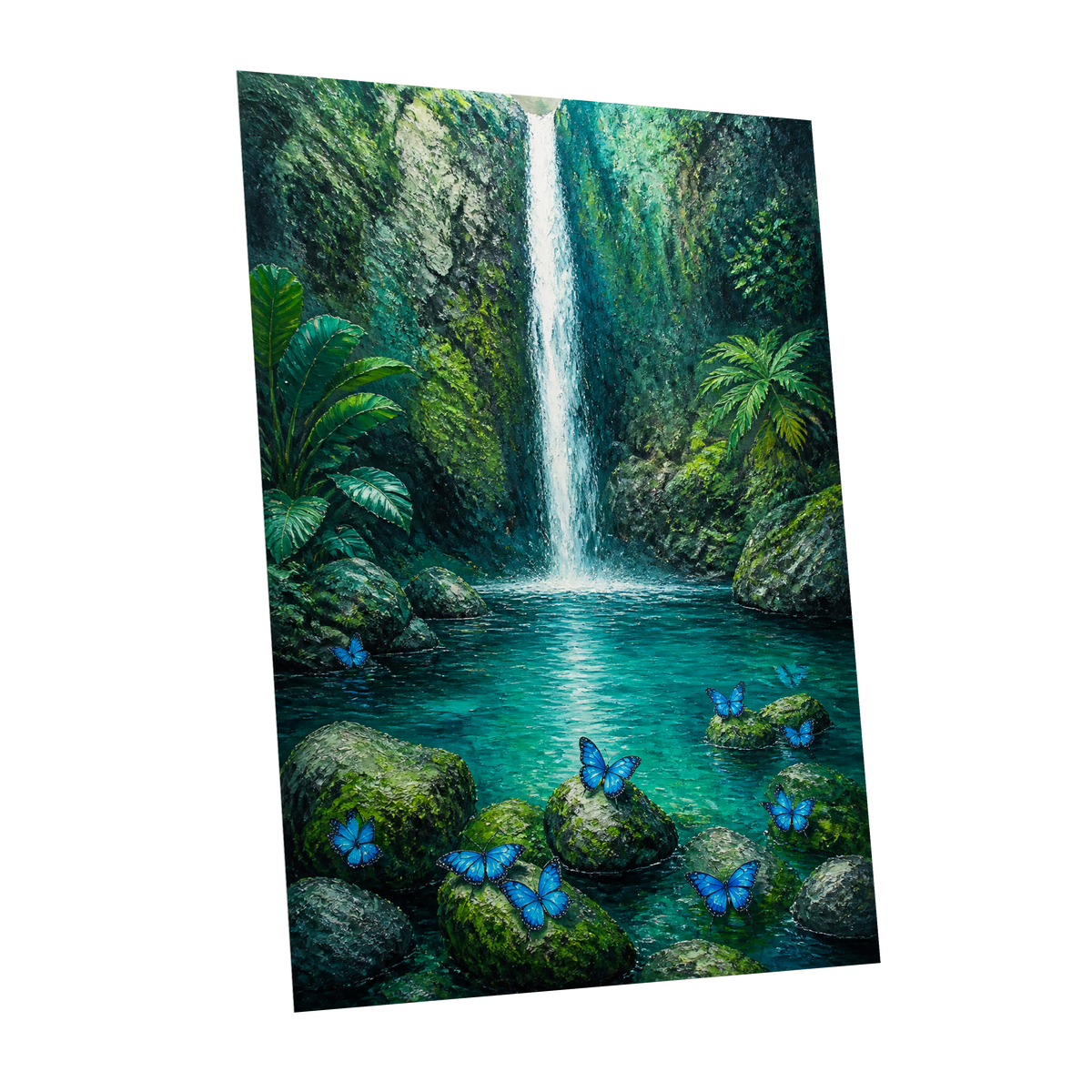 Bluewing Cascade, green, blue, white nature wall art shown as a unframed poster wall art print