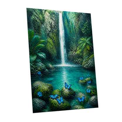 Bluewing Cascade, green, blue, white nature wall art shown as a unframed poster wall art print