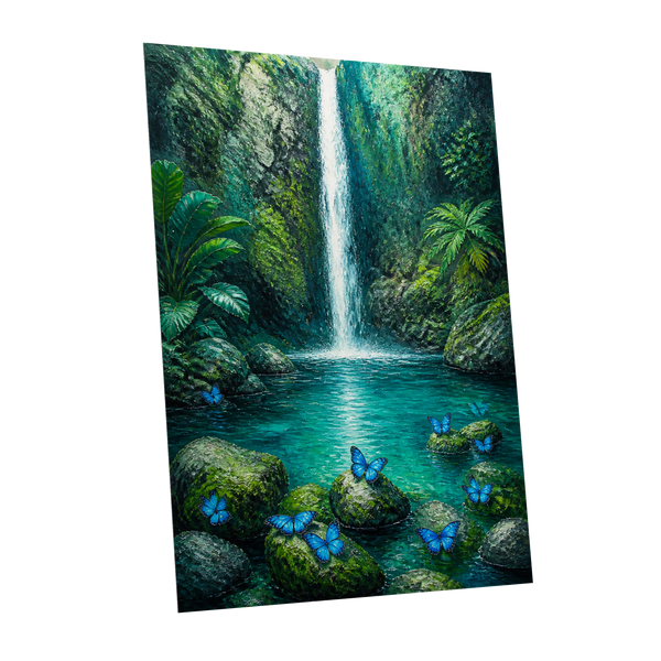 Bluewing Cascade, green, blue, white nature wall art shown as a unframed poster wall art print