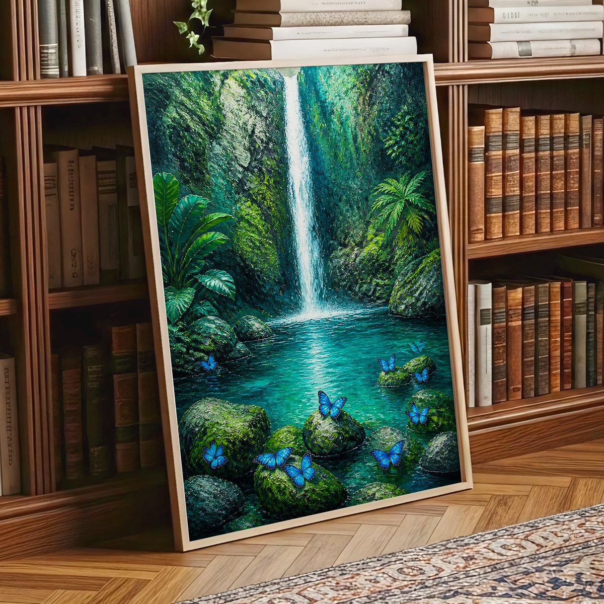 Bluewing Cascade, green, blue, white nature wall art displayed in a styled interior, gallery view 1