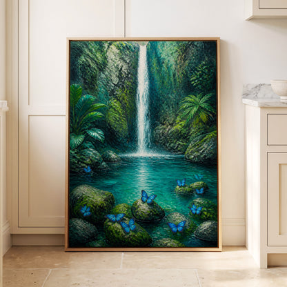 Bluewing Cascade, green, blue, white nature wall art displayed in a styled interior, gallery view 2