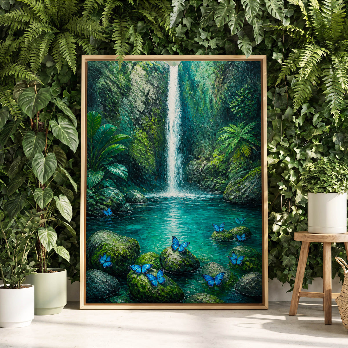 Bluewing Cascade, green, blue, white nature wall art displayed in a styled interior, gallery view 3