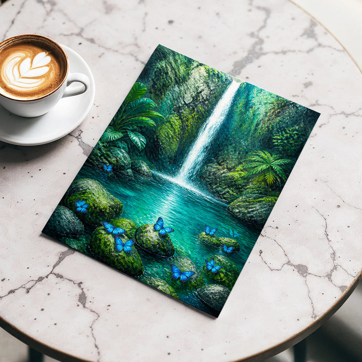 Bluewing Cascade, green, blue, white nature wall art displayed in a styled interior, gallery view 4